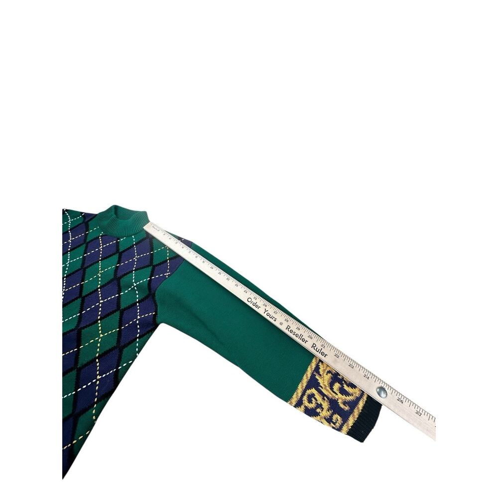 Marisa Christina Vintage Argyle Knit Sweater Green Navy Gold Long Tunic 90s L - Picture 5 of 12